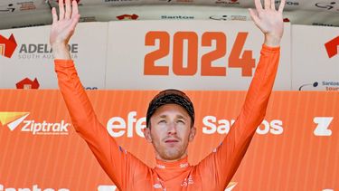 Race winner Israel Premier Tech's British rider Stephen Williams celebrates on the podium after the final stage of the Tour Down Under cycling race in Adelaide on January 21, 2024. 
Brenton EDWARDS / AFP