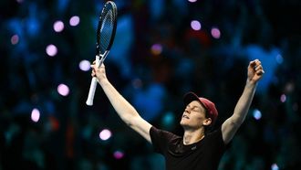 Italy's Jannik Sinner celebrates after winning over Spain's Carlos Alcaraz at the end of the men's single final match at the ATP Finals tennis tournament, in Turin, on November 16, 2025. 
Marco BERTORELLO / AFP