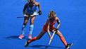 Netherlands' midfielder #07 Xan De Waard is marked by Argentina's forward #33 Zoe Diaz De Armas in the women's semi-final field hockey match between the Netherlands and Argentina during the Paris 2024 Olympic Games at the Yves-du-Manoir Stadium in Colombes on August 7, 2024. 
Arun SANKAR / AFP