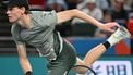 Italy's Jannik Sinner serves to Serbia’s Novak Djokovic during their men's singles final match at the Shanghai Masters tennis tournament in Shanghai on October 13, 2024. 
HECTOR RETAMAL / AFP