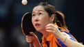 Netherlands' Jie Li serves the ball to Hungary's Bernadett Balint (unseen) on April 23, 2019 during their women's single match at the Liebherr 2019 ITTF World Table Tennis Championships in Budapest, Hungary. 
ATTILA KISBENEDEK / AFP