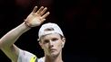 ROTTERDAM - Jesper de Jong in actie tegen Milos Raonic (CAN) op de eerste dag van het tennistoernooi ABN AMRO Open in Ahoy. ANP SANDER KONING