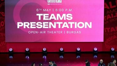epa12936253 The stage is ready for the Teams Presentation of the 109th edition of the Giro d'Italia cycling race in Burgas, Bulgaria, 06 May 2026.  EPA/BORISLAV TROSHEV