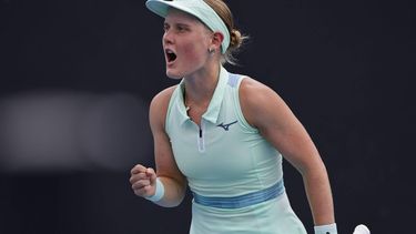 epa11825264 Suzan Lamens of Netherlands reacts during the Women's round 2 match against Belinda Bencic of Switzerland at the Australian Open tennis tournament in Melbourne, Australia, 15 January 2025.  EPA/ROLEX DELA PENA