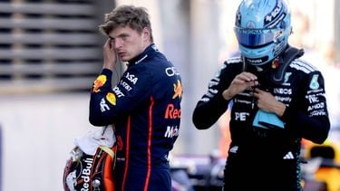 SPIELBERG - Max Verstappen (Red Bull Racing) en George Russell (Mercedes) op het Red Bull Ring racecircuit na afloop van de kwalificatie voor de Grote Prijs van Oostenrijk. ANP SANDER KONING