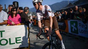 AG2R Citroen Team's Australian rider Ben O'Connor cycles prior to the start of the 117th edition of the Giro di Lombardia (Tour of Lombardy), a 238km cycling race from Como to Bergamo, which will be his last race on October 7, 2023. 
Marco BERTORELLO / AFP