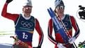 epa12753266 Johannes Hoesflot Klaebo (L) of Norway and Einar Hedegart of Norway react in the finish area after the Men's Team Sprint Free of the Cross-Country Skiing competitions at the Milano Cortina 2026 Winter Olympic Games, in Tesero, Italy, 18 February 2026.  EPA/FILIP SINGER