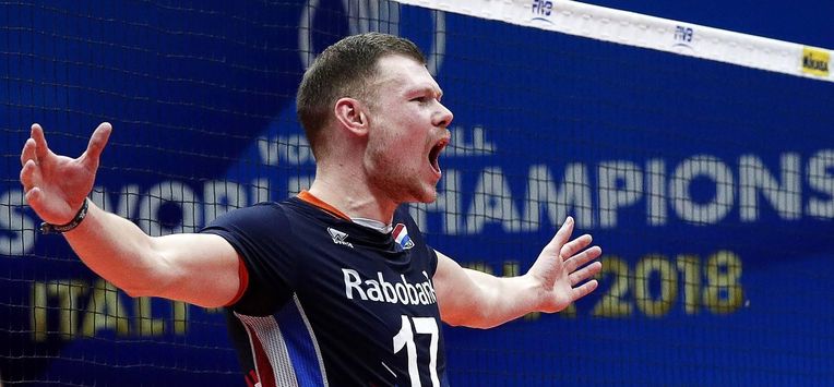 epa07023578 Michael Parkinson of the Netherlands reacts during the FIVB Men's World Championship First Round Pool B match between the Netherlands and Brazil in Ruse, Bulgaria, 15 September 2018.  EPA/ROBERT GHEMENT