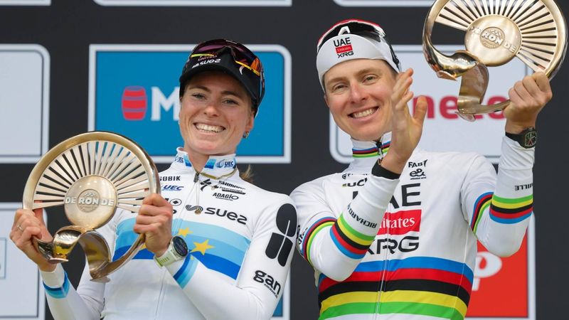 epa12870801 Dutch cyclist Demi Vollering of team FDJ United - Suez (L) and Slovenian Tadej Pogacar of UAE Team Emirates XRG pose on the podium after winning the Women's and Men's Tour of Flanders one-day cycling race, in Oudenaarde, Belgium, 05 April 2026.  EPA/OLIVIER MATTHYS