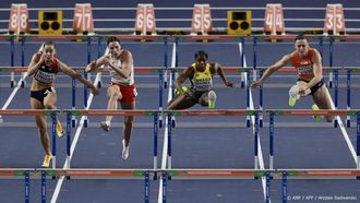 Norway's Martine Kolbeinshavn Hjornevik (L), Hungary's Luca Kozak, Jamaica's Megan Simmonds and Netherlands' Nadine Visser compete in the women's semi-final 60 metres hurdles heat 1 during the World Athletics Indoor Championships Kujawy Pomorze 2026 in Torun, Poland on March 22, 2026. 
Wojtek RADWANSKI / AFP
