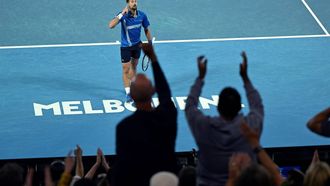 epa11842011 Novak Djokovic of Serbia gestures during his Men's Singles quarterfinal match against Carlos Alcaraz of Spain at the Australian Open tennis tournament in Melbourne, Australia, 21 January 2025.  EPA/LUKAS COCH  AUSTRALIA AND NEW ZEALAND OUT
