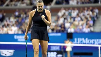 Belarus's Aryna Sabalenka celebrates a point won against USA's Emma Navarro during their women's semifinals match on day eleven of the US Open tennis tournament at the USTA Billie Jean King National Tennis Center in New York City, on September 5, 2024. 
CHARLY TRIBALLEAU / AFP