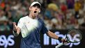 epa11838057 Alex De Minaur of Australia celenbrates winning the 2nd set during his Men's Singles round 4 match against Alex Michelsen of USA at the Australian Open tennis tournament in Melbourne, Australia, 20 January 2025.  EPA/JAMES ROSS  AUSTRALIA AND NEW ZEALAND OUT