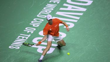 Botic Van de Zandschulp of Team Netherlands returns a shot to Daniel Altmaier of Team Germany during their semi-final singles match between Germany and Netherlands at the Davis Cup Finals at the Palacio de Deportes Jose Maria Martin Carpena arena in Malaga, southern Spain, on November 22, 2024. 
JORGE GUERRERO / AFP
