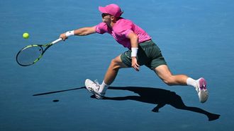epa12660479 Jesper De Jong of the Netherlands in action during the Men’s 1st round match against Daniil Medvedev of Russia on day 2 of the 2026 Australian Open tennis tournament at Melbourne Park in Melbourne, Australia, 19 January 2026.  EPA/LUKAS COCH AUSTRALIA AND NEW ZEALAND OUT