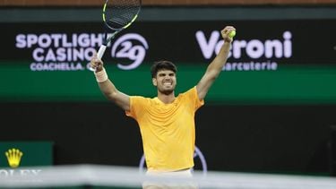 epa12816081 Carlos Alcaraz of Spain reacts after winning match point during the men's singles quarterfinals match against Cameron Norrie of Great Britain on day 9 of the BNP Paribas Open tennis tournament in Indian Wells, California, USA, 12 March 2026.  EPA/JOHN G. MABANGLO