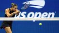 Belarus's Aryna Sabalenka plays a backhand return against USA's Emma Navarro during their women's semifinals match on day eleven of the US Open tennis tournament at the USTA Billie Jean King National Tennis Center in New York City, on September 5, 2024. 
CHARLY TRIBALLEAU / AFP