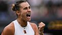 Belarus's Aryna Sabalenka celebrates after winning a point against Belgium's Elise Mertens during their women's singles fourth round tennis match on the seventh day of the 2025 Wimbledon Championships at The All England Lawn Tennis and Croquet Club in Wimbledon, southwest London, on July 6, 2025. 
Kirill KUDRYAVTSEV / AFP