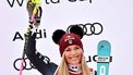 Third-placed US Lindsey Vonn celebrates on the podium of the women's Super G event during the FIS Alpine Ski World Cup 2025-2026, in Val d'Isere, southwestern France, on December 21, 2025. 
Jeff PACHOUD / AFP
