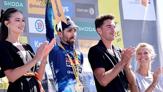 epa12253521 French rider Valentin Paret-Peintre of Soudal Quick-Step team celebrates on the podium after winning the 16th stage of the Tour de France cycling race over 171.5km from Montpellier to Mont Ventoux, France, 22 July 2025.  EPA/CHRISTOPHE PETIT TESSON