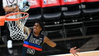 Detroit Pistons' Jaden Ivey scores during the Kia skills challenge relay during the NBA All-Star week-end in Salt Lake City, Utah, February 18, 2023.
 
Patrick T. Fallon / AFP