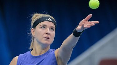 Czech Republic’s Karolina Muchova serves to Belarus's Aryna Sabalenka during their women's singles quarterfinal match at the China Open tennis tournament in Beijing on October 4, 2024. 
Jade Gao / AFP