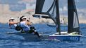 Netherlands' Odile Van Aanholt and Netherlands' Annette Duetz compete in Race 3 of the women’s 49erFX skiff event during the Paris 2024 Olympic Games sailing competition at the Roucas-Blanc Marina in Marseille on July 28, 2024.  
NICOLAS TUCAT / AFP