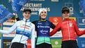 (From L) second-placed Dutch rider Inge van der Heijden, first-placed winner Dutch rider  Lucinda Brand and third-placed Dutch rider Aniek Van Alphen celebrate on the podium after competing in the women's elite race of the 'Flandriencross' cyclocross cycling event, stage 3 of 8 in the 'X20 Badkamers Trofee' competition, in Hamme, on November 16, 2025. 
DAVID PINTENS / Belga / AFP