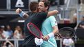 Netherlands' Wesley Koolhof (R) and partner Nikola Mektic of Croatia celebrate their win against Spain's Marcel Granollers and Argentina's Horacio Zeballos during their men's doubles final match of the Auckland Classic tennis tournament in Auckland on January 13, 2024. 
MICHAEL BRADLEY / AFP