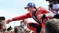 Team Ducati Lenovo Team's Marc Marquez celebrates on the podium winning the sprint race of the MotoGP Aragon Grand Prix at the Motorland circuit in Alcaniz, northeastern Spain, on June 7, 2025.
 
LLUIS GENE / AFP