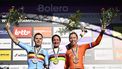 (From L) Belgian Lotte Kopecky, Dutch Marianne Vos and Dutch Wiebes Lorena celebrate on the podium after the women elite race at the UCI World Gravel Championships in Leuven on October 5, 2024. 
JASPER JACOBS / Belga / AFP