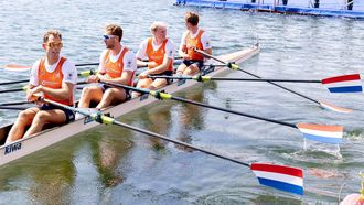 2023-09-07 12:18:24 BELGRADO - Lennart Van Lierop, Finn Florijn, Tone Wieten en Koen Metsemakers in actie tijdens de vijfde dag van de wereldkampioenschappen roeien in de Servische hoofdstad Belgrado. ANP IRIS VAN DEN BROEK