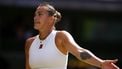 Belarus's Aryna Sabalenka reacts as she plays against US player Amanda Anisimova during their women's singles semi-final tennis match on the eleventh day of the 2025 Wimbledon Championships at The All England Lawn Tennis and Croquet Club in Wimbledon, southwest London, on July 10, 2025. 
HENRY NICHOLLS / AFP