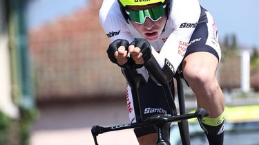 Intermarche - Circus - Wanty's Belgian rider Rune Herregodts competes in the fourth stage of the 75th edition of the Criterium du Dauphine cycling race individual time trial, 31,1km between Cours to Belmont de La Loire , France, on June 7, 2023. 
Anne-Christine POUJOULAT / AFP