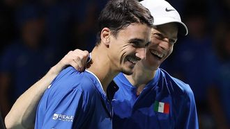 2023-11-23 17:14:34 Italy's Jannik Sinner (R) and Lorenzo Sonego celebrate beating Netherlands' Tallon Griekspoor and Wesley Koolhof during the second men's doubles quarter-final tennis match between Italy and Netherlands of the Davis Cup tennis tournament at the Martin Carpena sportshall, in Malaga on November 23, 2023. 
LLUIS GENE / AFP