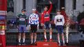 epa11593478 Slovenian rider and overall leader Primoz Roglic (2-R) of Red Bull-BORA-hansgrohe team, Danish rider and best young cyclist Mattias Skelmose (R) of Lidl-Trek, Australian rider and best mountain cyclist Jay Vine (2-L) of UAE Emirates, and Australian rider and best consistent cyclist Kaden Groves (L) of Alpecin-Deceuninck, celebrate on the podium of the Vuelta a Espana cycling race following the 21st and last stage, an individual time trial over 24.6 km in Madrid, Spain, 08 September 2024.  EPA/JAVIER LIZON