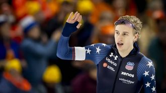 HEERENVEEN - Jordan Stolz (USA) in actie op de 500 meter allround mannen tijdens de derde dag van de WK allround en sprint in ijsstadion Thialf. SEM VAN DER WAL / ANP