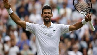 2023-07-11 19:47:06 epa10740355 Novak Djokovic of Serbia celebrates after winning the match point against Andrey Rublev of Russia during their Men's Singles quarter final match at the Wimbledon Championships, Wimbledon, Britain, 11 July 2023.  EPA/TOLGA AKMEN   EDITORIAL USE ONLY