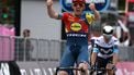 Lidl-Trek's Danish rider Mads Pedersen celebrates as he crosses the finish to win the first stage of the 108th Giro d'Italia cycling race, 160km from Durres to Tirana in Albania, on May 9, 2025.  
Luca Bettini / AFP
