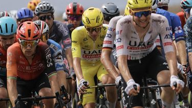 UAE Team Emirates team's Slovenian rider Tadej Pogacar wearing the overall leader's yellow jersey cycles with the pack of riders (peloton) during the 10th stage of the 111th edition of the Tour de France cycling race, 187,3 km between Orleans and Saint-Amand-Montrond, central France, on July 9, 2024. 
Thomas SAMSON / AFP