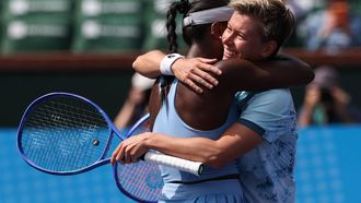 USA’s Asia Muhammad and Netherland’s Demi Schuurs (R) celebrate after defeating Slovakia’s Tereza Mihalikova and Britain’s Olivia Nicholls during the women’s doubles final match at the BNP Paribas Open at the Indian Wells Tennis Garden in Indian Wells, California on March 15, 2025. 
Patrick T. Fallon / AFP
