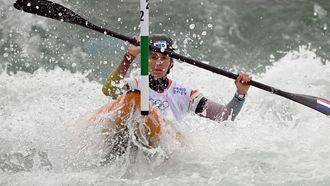 Netherlands' Martina Wegman competes in the women's kayak single heats canoe slalom competition at Vaires-sur-Marne Nautical Stadium in Vaires-sur-Marne during the Paris 2024 Olympic Games on July 27, 2024. 
Olivier MORIN / AFP