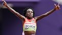 Kenya's athlete Peres Jepchirchir gestures as she crosses the finish line to win the women's marathon final during the World Athletics Championships in Tokyo on September 14, 2025. 
Jewel SAMAD / AFP