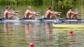 epa11371237 Lennart van Lierop, Finn Florijn, Tone Wieten and Koen Metsemakers of the Netherlands, from left, compete in the Men's Quadruple Sculls Final on the third day of the 2024 World Rowing Cup at Rotsee in Lucerne, Switzerland, 26 May 2024.  EPA/PHILIPP SCHMIDLI