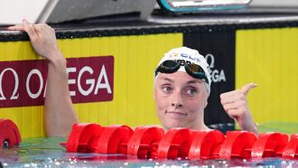 Netherlands' Marrit Steenbergen celebrates after winning  the final of the women's 100m freestyle swimming event during the LEN European Aquatics Championships at the Olympic Aquatic Centre in Saint-Denis, northern suburbs of Paris, on August 11, 2026. 
SEBASTIEN BOZON / AFP