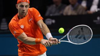 Netherlands' Tallon Griekspoor returns a shot to Italy's Jannik Sinner during their final singles match between Italy and Netherlands at the Davis Cup Finals at the Palacio de Deportes Jose Maria Martin Carpena arena in Malaga, southern Spain, on November 24, 2024. 
Thomas COEX / AFP