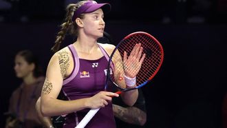 Kazakhstan's Elena Rybakina reacts after her win over Russia's Ekaterina Alexandrova in their WTA Finals tennis tournament in Riyadh on November 5, 2025. 
Fayez NURELDINE / AFP