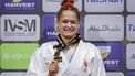 Gold Medalist Netherland’s Joanne Van Lieshout poses on the podium after the Women's -63Kg medal ceremony during the 2024 World Judo Championships on May 21, 2024 in Abu Dhabi. 
Ryan LIM / AFP