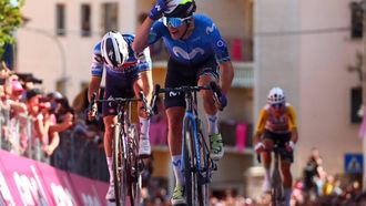 Team Movistar's Spanish rider Pelayo Sanchez celebrates as he crosses the finish line to win the 6th stage of the 107th Giro d'Italia cycling race, 180 km between Torre del lago Puccini and Rapolano Terme, on May 9, 2024.  Pelayo Sanchez won the stage ahead of Team Soudal-Quick Step's French rider Julian Alaphilippe and Team Jayco-AlUla's Australian rider Lucas Plapp.
Luca Bettini / AFP