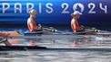 epa11508160 Lisa Scheenaard and Martine Veldhuis of the Netherlands in action during the Women Double sculls semifinal of the Rowing competitions in the Paris 2024 Olympic Games, at the Vaires-sur-Marne Nautical Stadium in Vaires-sur-Marne, France, 30 July 2024.  EPA/ALI HAIDER